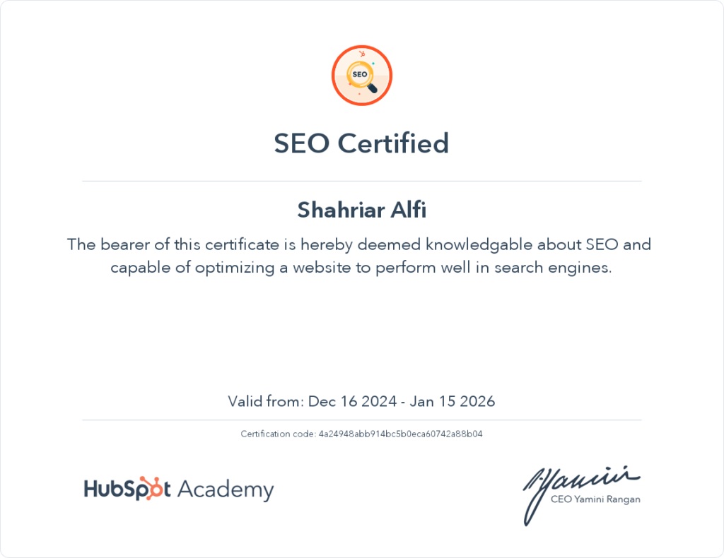 SEO CERTIFICATS FROM HUBSPOT