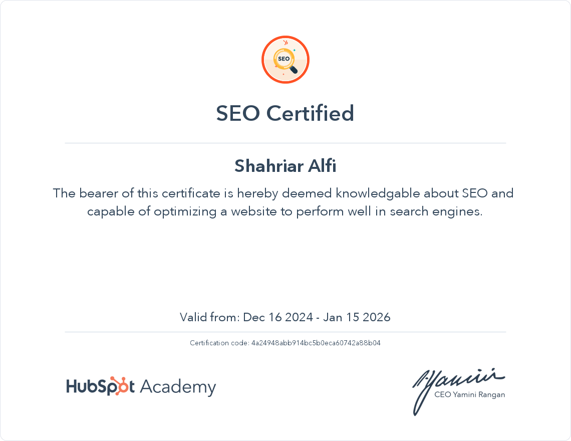 SEO CERTIFICATS FROM HUBSPOT