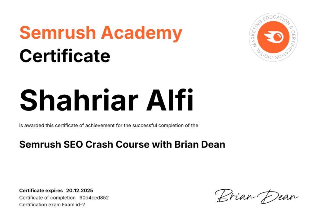 SEO CERTIFICATS FROM SEMRUSH